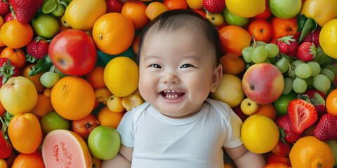 Fototapeta na wymiar Top view of a smiling asian baby lying in a pile of fresh different fruits. Creative concept of the benefits of fresh fruits for children's health, proper nutrition.
