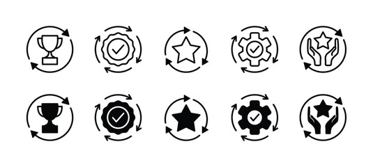 Circle arrows rotating icon with trophy, star, badge medal, and gear settings. Containing process, refresh, reload, and recycle for successful business achievement. Vector illustration
