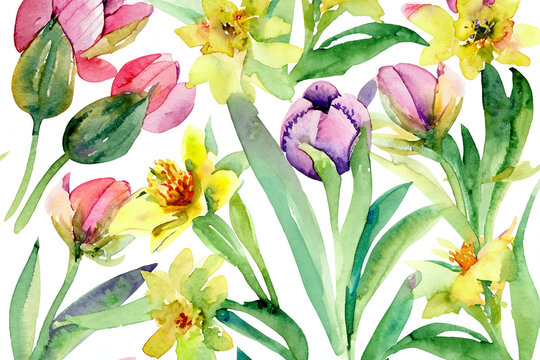 Watercolor or Aquarell illustration of a abstract spring flowers background with a copy space. AI generative