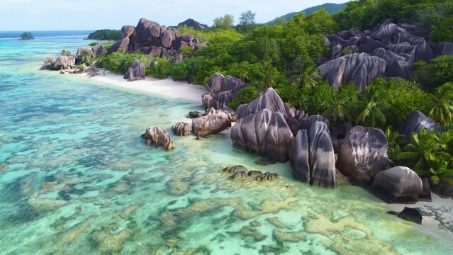 Aerial view of Anse Source d'Argent in La Digue island, Seychelles