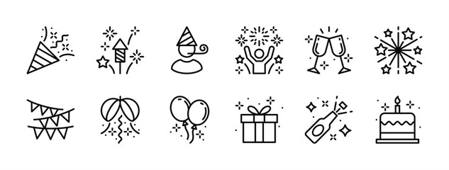 Fototapeta premium Celebration icon set. Containing confetti, fireworks, star, people, gift box, festive flag, balloon, cheer glass, and beer bottle for happy new year, christmas, party, birthday. Vector illustration