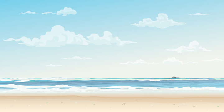 White sand beach and tropical blue sea vector illustration. Summer concept flat design have blank space.