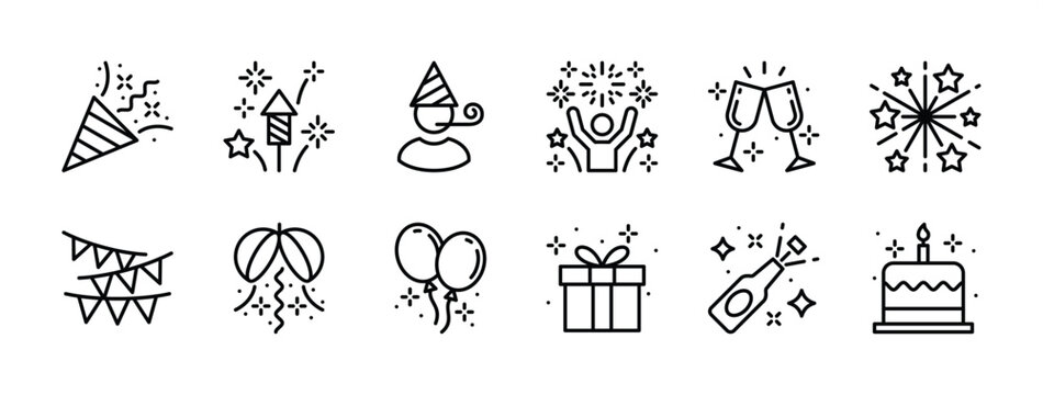 Celebration icon set. Containing confetti, fireworks, star, people, gift box, festive flag, balloon, cheer glass, and beer bottle for happy new year, christmas, party, birthday. Vector illustration