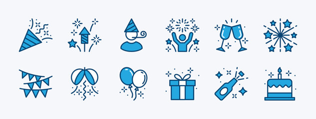 Celebration, happy new year, christmas, party, and birthday icon set. Containing confetti, fireworks, star, people, gift box, festive flag, balloon, cheer glass, and beer bottle. Vector illustration