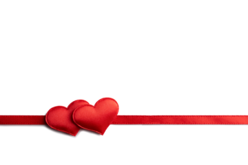 Creative Valentines Day postcard design with red ribbon and red textile heart on white background isolated. Valentine day and love concept