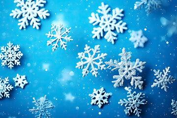 Fototapeta na wymiar white snowflakes of different shape flat design blue background