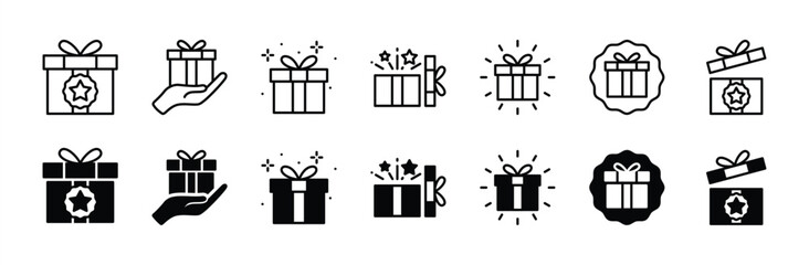 Gift box icon set. Present gift box tied, open, and sparkle for christmas, birthday, valentine, wedding event, party, celebration, and achievement success. Vector illustration - obrazy, fototapety, plakaty
