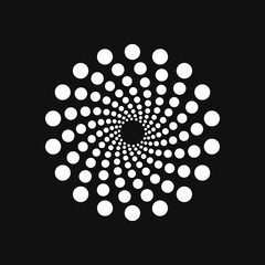 Halftone point vortex on dark. Abstract futuristic digital technology logo element. Vector geometric shape.