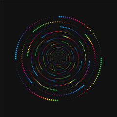Halftone point vortex on dark. Abstract futuristic digital technology logo element. Vector geometric shape.
