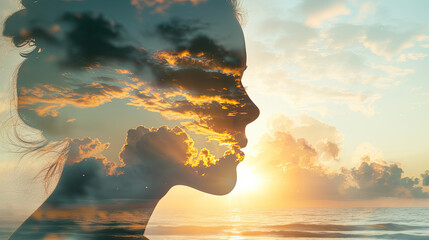 a woman's face in the clouds. In the double exposure. - obrazy, fototapety, plakaty
