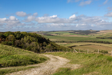 Fototapeta na wymiar A pathway leading down from Kingston Ridge in the South Downs, on a sunny September day