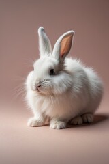 Obraz premium Close-up of a white fluffy rabbit on a pastel background. Spring, Easter, animal concepts.