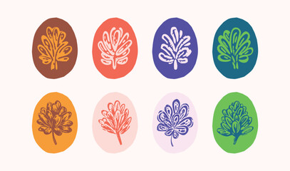 Linocut plant sprig in colorful frame vector motif set. Folkart collection of rural rustic floral in shabby chic scandi style. Clipart collection for graphic quirky leaf illustration. 