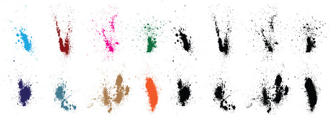 Set of vector purple, wheat, black, red, green, orange color blood paint splatter stain hand-drawn brush stroke