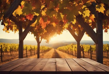 Wood table in autumn vineyard country landscape stock photoWine Autumn Backgrounds Table