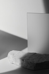 Flat stone pedestal, black and white template, banner background. Minimalism concept, empty podium display product, presentation scene.