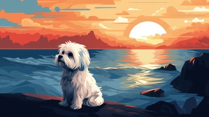 A dog sitting on a rock by the water
