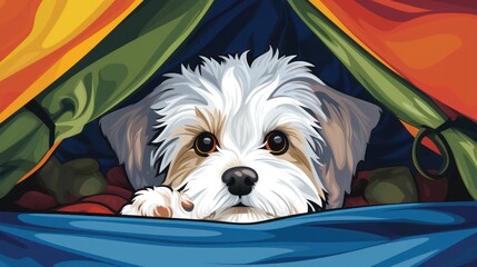 A white dog in a tent
