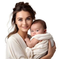 Happy young mother with hugging cute baby, smiling as baby mother holding girl baby with love and care  in studio, isolated on transparent background Generative AI	
