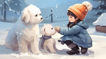 A girl and two dogs in the snow

