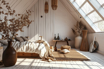 Bedroom interior decoration with Scandinavian-style, warm and cozy tone, Hygge vibe, Hygge tone and minimal modern decor design.