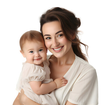 Happy young mother with hugging cute baby, smiling as baby mother holding girl baby with love and care  in studio, isolated on transparent background Generative AI	
