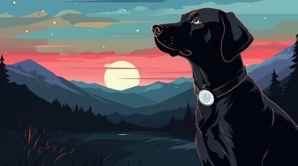 A dog Gazing at Mountain Sunset