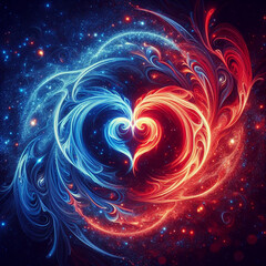 Fiery heart. Twin flame logo. Esoteric concept of spiritual love. Illustration on black background for web sites, wallpapers and much more. Created using generative ai tools
