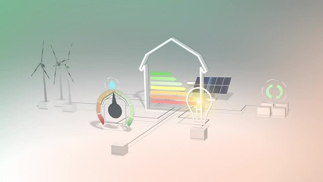 Concept of energy efficiency energy rating sustainable development animation. Ecological house with low consumption when renovated with insulation