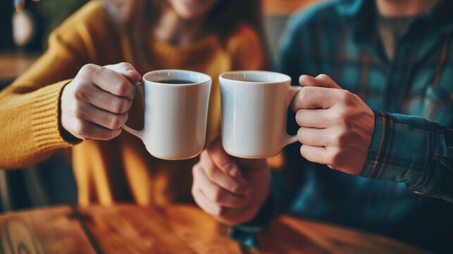 Closeup image of a man and a woman clinking white coffee mugs in cafe. Generative AI
