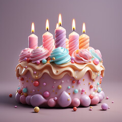 3D birthday cake with candles and decorations. Surprise party. Festive food. Pastel color. Cartoon creative design icons. 3D rendering