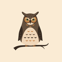 Owl on a branch. Symbol of Wisdom. Flat style. Vector illustration.
