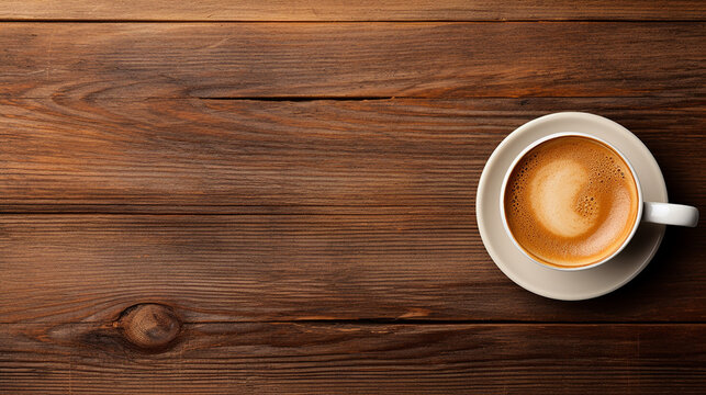 top view a cup of espresso coffee on wooden table background