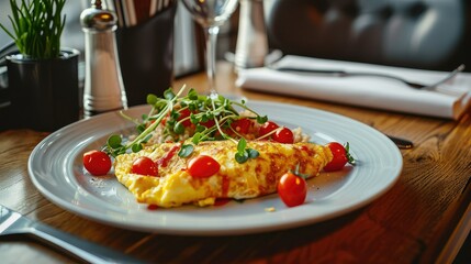 Omelet with vegetables and cherry tomatoes, copy space. - obrazy, fototapety, plakaty