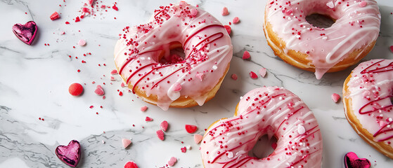 Heart-shaped donuts with glaze and parcel on a white marble countertop top view for Valentine's Day, Mother day with empty copy space