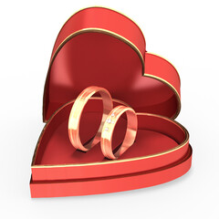 3d Eheringe aus Gold im Schmuckkästchen in Herzform, Verlobungsringe, Goldringe, isoliert ohne Hintergrund	 - 705021158