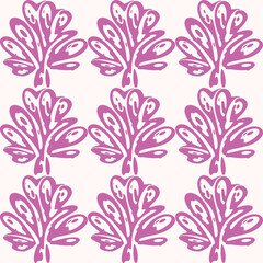 Linocut rural purple floral folkart seamless vector pattern for block print nature design. Icon of hand drawn quirky plant sprig illustration in tiled background for scandi naive graphic swatch.