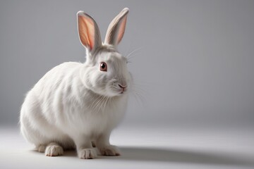 A close-up shot of a white fluffy rabbit on a gray background with a copy space. Spring, Easter, animal concepts.