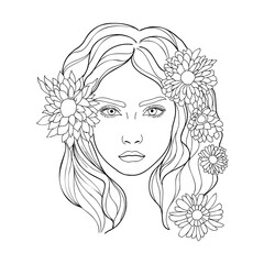 female face with flowers coloring vector sketch