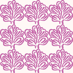 Linocut rural purple floral folkart seamless vector pattern for block print nature design. Icon of hand drawn quirky plant sprig illustration in tiled background for scandi naive graphic swatch.