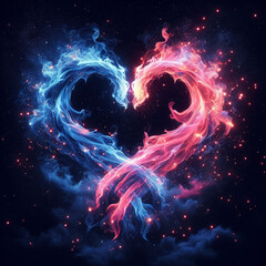Fiery heart. Twin flame logo. Esoteric concept of spiritual love. Illustration on black background for web sites, wallpapers and much more. Created using generative ai tools.