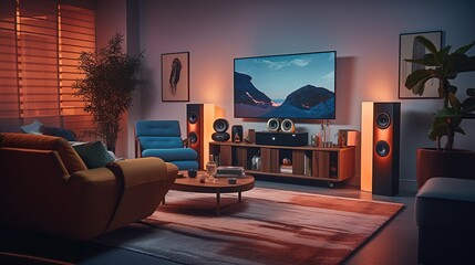 A cozy home entertainment setup with a large TV and high-fidelity speakers in a room enhanced by ambient lighting and stylish interior design.
