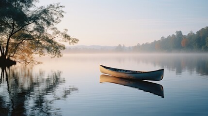 In the quiet of dawn, a canoe hovers on a fog-covered lake surrounded by the silhouettes of a forest, embodying solitude and peace.
