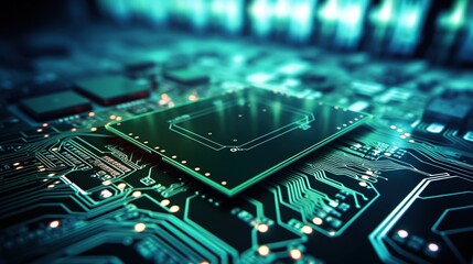 Fototapeta premium A macro shot of an integrated circuit board with vibrant green glowing lines, showcasing the beauty of electronic design. 