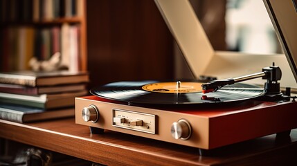 An elegant retro-style record player spins a vinyl album, surrounded by a collection of books,...