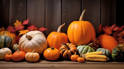 A vibrant selection of pumpkins, corn, and autumn flowers in baskets, set against a dark wooden backdrop for the fall season.
