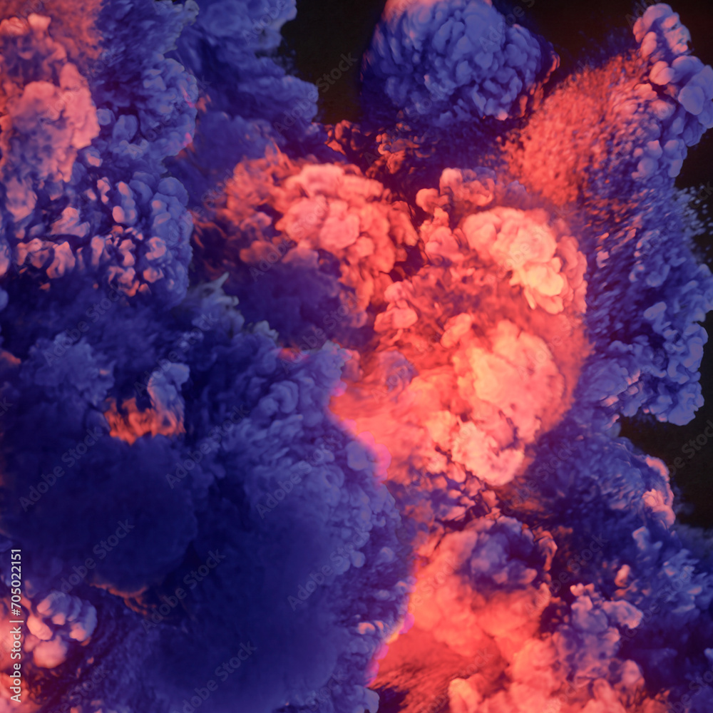 Poster explosive waves with bright fiery swirls of pink-purple flame. 3d rendering digital illustration bac