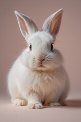 Close-up of a white fluffy rabbit on a pastel background. Spring, Easter, animal concepts.