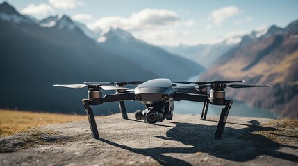 A professional-grade drone with camera equipment perched on rocky terrain, ready for flight with...