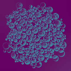 Close-up of a cluster of blue and purple holes of various sizes. 3d rendering digital illustration